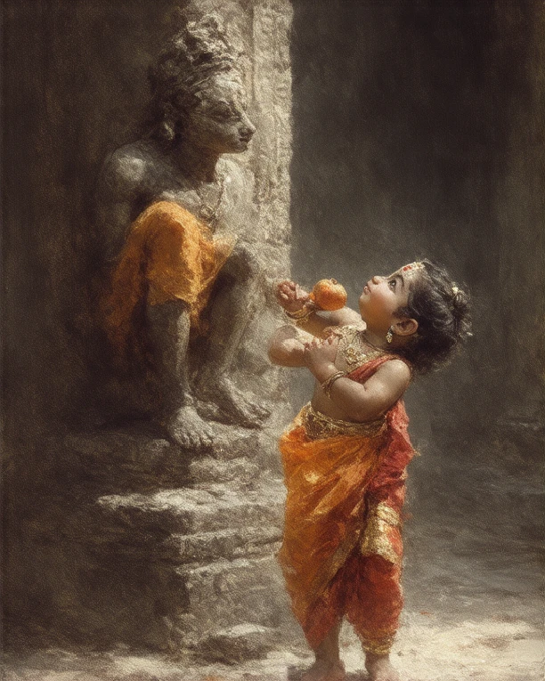 A charming oil painting made with thick, expressive brush strokes illustrating young Sri Rama and  Hanuman in a playful moment in an ancient temple courtyard. Rama, dressed in an orange dhoti with rudraksha beads and a top knot hairstyle, is hiding behind a carved stone pillar, peeking mischievously with his bow in hand. Hanuman, dressed in a red dhoti with golden trim, is spotted climbing onto a statue with a playful grin, holding a fruit in one hand. The detailed brush strokes bring life to the temple's intricate carvings, the golden sunlight, and the characters’ joyful expressions.