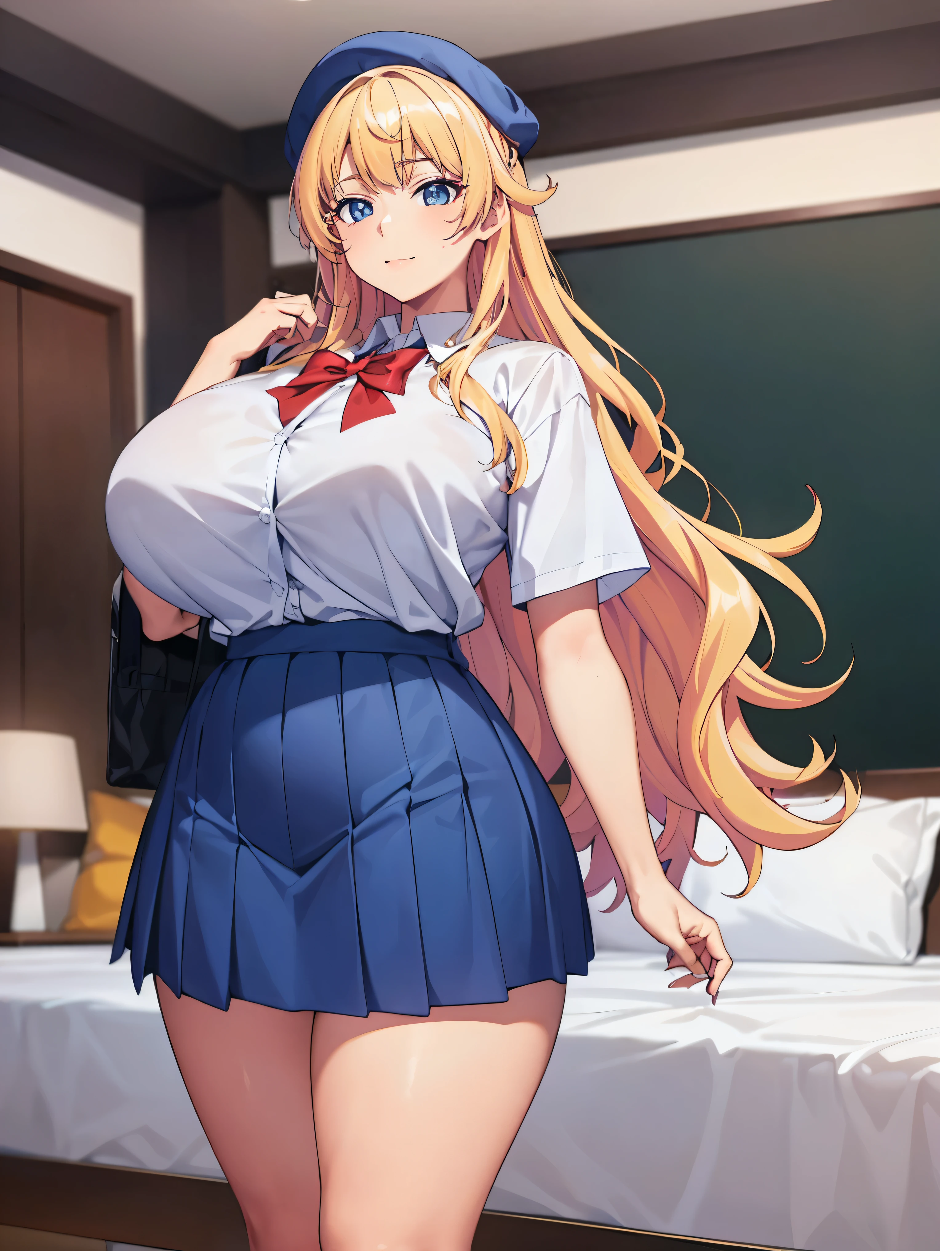 ( Masterpiece)), (( The Best Quality )), ( ultra detailed), ((cute)), beautiful, (beautiful), (( extremely detailed )), 4k, (8K),  The Best Quality , (beautiful),(((World-class quality))),  extremely detailed ,  High resolution , (Detailed shaded pretty face),  full body, adolescent, only, (((huge breasts))), (((sagging breasts))),  shiny leather, on the side, in bed, school shirt, school skirt,  silver dress,  girl, blonde hair, girl hair, by moisture, Alone, voluminous, wide hips, big ass,