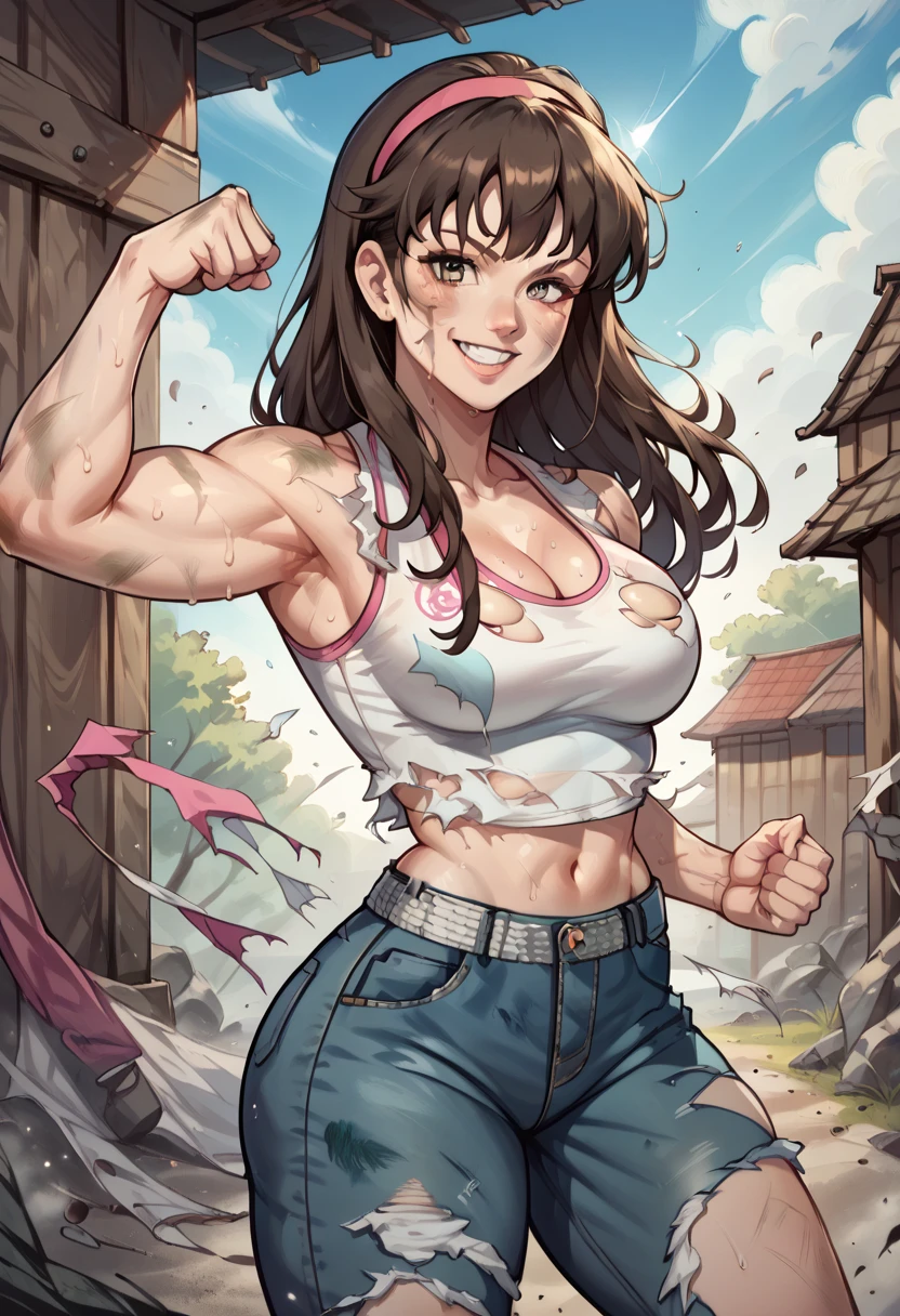 beautiful athletic 20 year old woman with pale skin and pretty face and ((long dark brown hair)) and medium round breasts and slender body,  wearing a tight white sleeveless crop top with pink trim and blue jeans and a pink hair band, standing outdoors, her arms and fists are raised in a fighting stance,  her crop top is ripped, ((cleavage)) is showing, she is smiling at the viewer, clothes are torn, fists raised, flexing her arms, her tanktop is ripped open, ((ripped short)), ((torn clothes)), dirty, sweaty