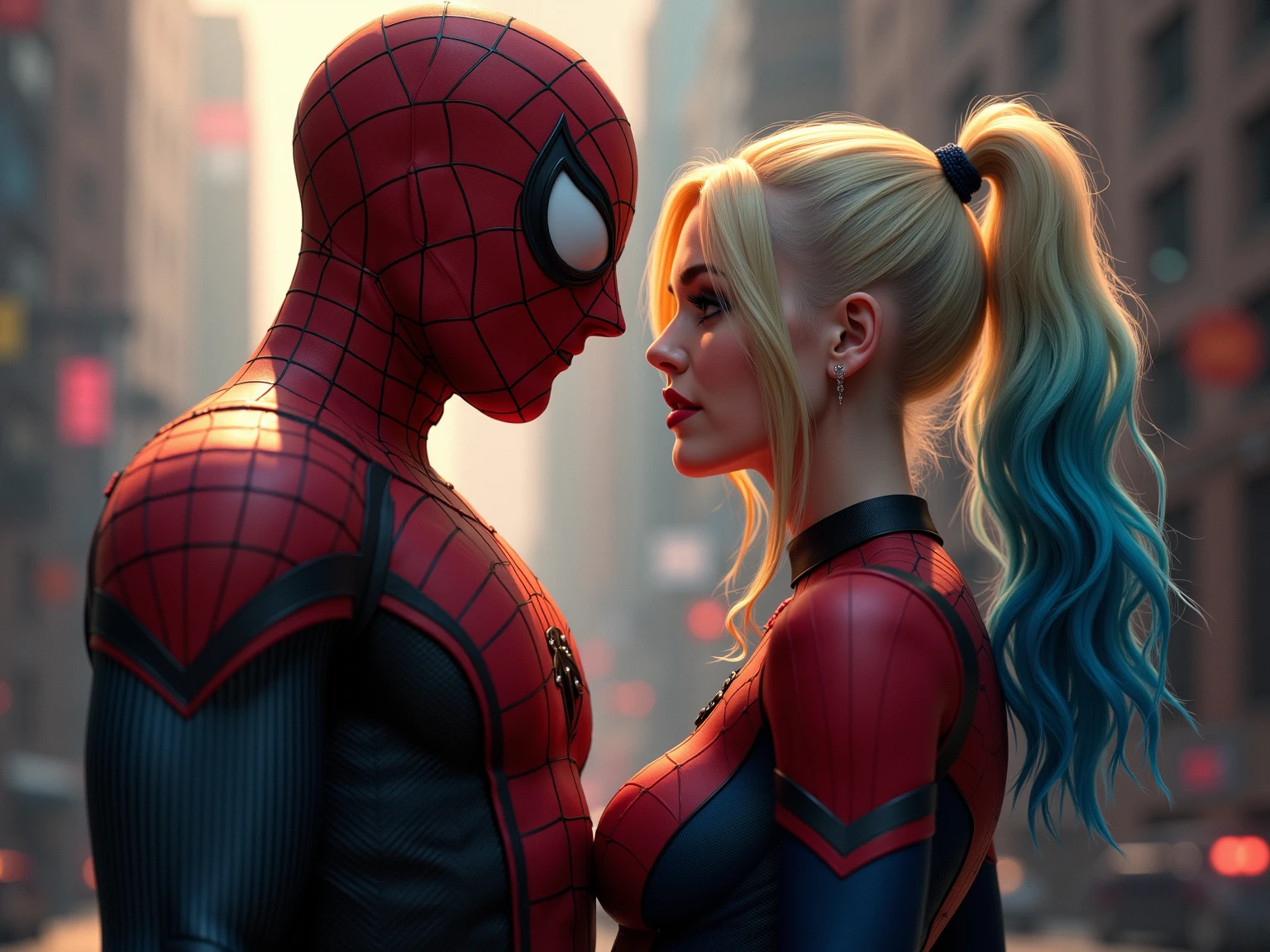 Transforming darkness into art, create an abstract & conceptual rendition of Spiderman and Harley Quinn, capturing his enigmatic personna. Embrace bold strokes, striking lines, and vibrant colors to convey the duality between hero and vigilante. Infuse the artwork with motion and energy, depicting Spiderman and Harley Quinn as an abstract force against a backdrop of shattered darkness. Illuminate his iconic symbol with luminous accents, showcasing the rebirth of hope amidst the shadows.