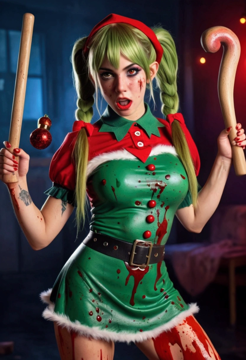 A woman, (((white eyes, white pupil))), (pale green hair), dressed in a Christmas tree-inspired outfit, with a green tinsel minidress that resembles it. tree branches, adorned with colorful ornaments, twinkling lights and a star, complemented by red and gold ornaments and a candy cane striped bow headband, ((zombie)), ((zombie woman)), ((brain exposed )), ((medium shot of a zombified woman)), ((horror movie)), ((aristocratic aesthetic)), ((ultra detailed,)) ((photorealistic)), masterpiece, ultra pale skin, ( (blood all over the body)), ((torn clothes)), ((torn body)), ((open mouth dripping drool)), ((gift box in hands)), ((holding a Christmas present ))