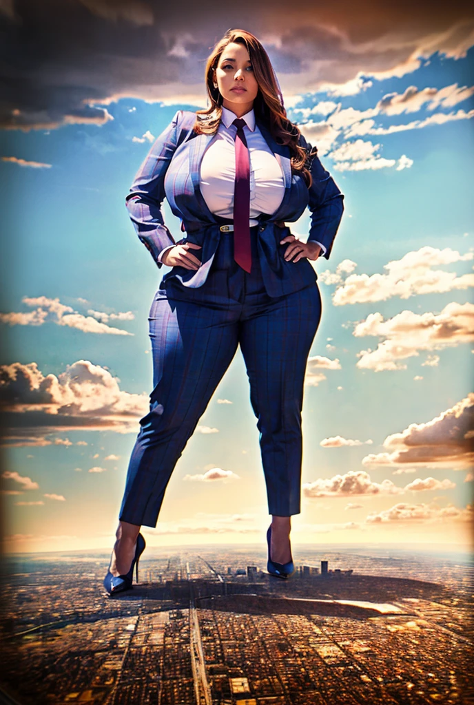 Giantess art, 100 miles tall giga giantess, sophisticated and stylish woman in a light grey italian pinstriped trouser suit, form fitting crisp white office shirt, and a large wide crimson necktie in a windsor knot, with a beautiful, curvaceous figure, large natural breasts, and long wavey redhead hair, with a curvaceous figure and massive breasts. wearing blue rounded court high heels with uncovered feet and standing, rampage-like pose, with a cityscape background of mega-city, urban sprawl, and small towns, partially obscured by a hazy, cloudy atmosphere. The image is a high-resolution, masterpiece-quality, cinematic, ultra-detailed, and hyper-photorealistic photograph, with perfect hands, face, and lighting. ultra-detailed, 8K, photo-realistic, hyper-realistic, masterpiece, intricate details, full body view. Looking at camera, The image is a high-resolution, masterpiece-quality, cinematic, ultra-detailed, and hyper-photorealistic photograph, with perfect hands, face, and lighting. ultra-detailed, 8K, photo-realistic, hyper-realistic, masterpiece, intricate details, full body view from below