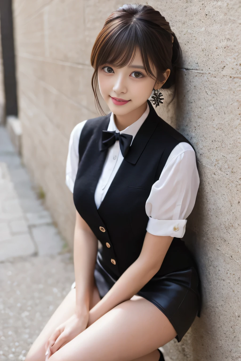 8K, Ultra-high resolution, Highest quality, masterpiece, 三分割法によるphotograph,Surreal, photograph, 1 Girl, (16 years old:1.3), pretty girl, Cute face, Beautiful eyes in every detail, 細かくdetailedに,masterpiece,, One Girl:1.2, Japan Female Announcer,whole body, ((Biologically correct limb count))、((whole bodyショット, 顔を含むwhole bodyphotograph、頭からつま先までのphotograph))、((Focus on the face))、((Symmetrical facial features))、((Shiny black stockings、shiny leather skirt、White Leather Jacket、High heels with anklets))、((Sitting on the edge of a fountain in the park early in the morning, Look straight into the camera)),Beautiful leg line beauty,Captivating thighs,A carefree smile,Heal the heart,Black Hair,Short Bob,Looking at the audience、beauty,Long neck、Laugh a little、Please close your mouth and laugh、(((Ideal body type))),A cup small breasts :2,、Portraiture:2、Perfect Anatomy、鮮明なdetailed、detailed、Surreal、Light and shadow,Strong light