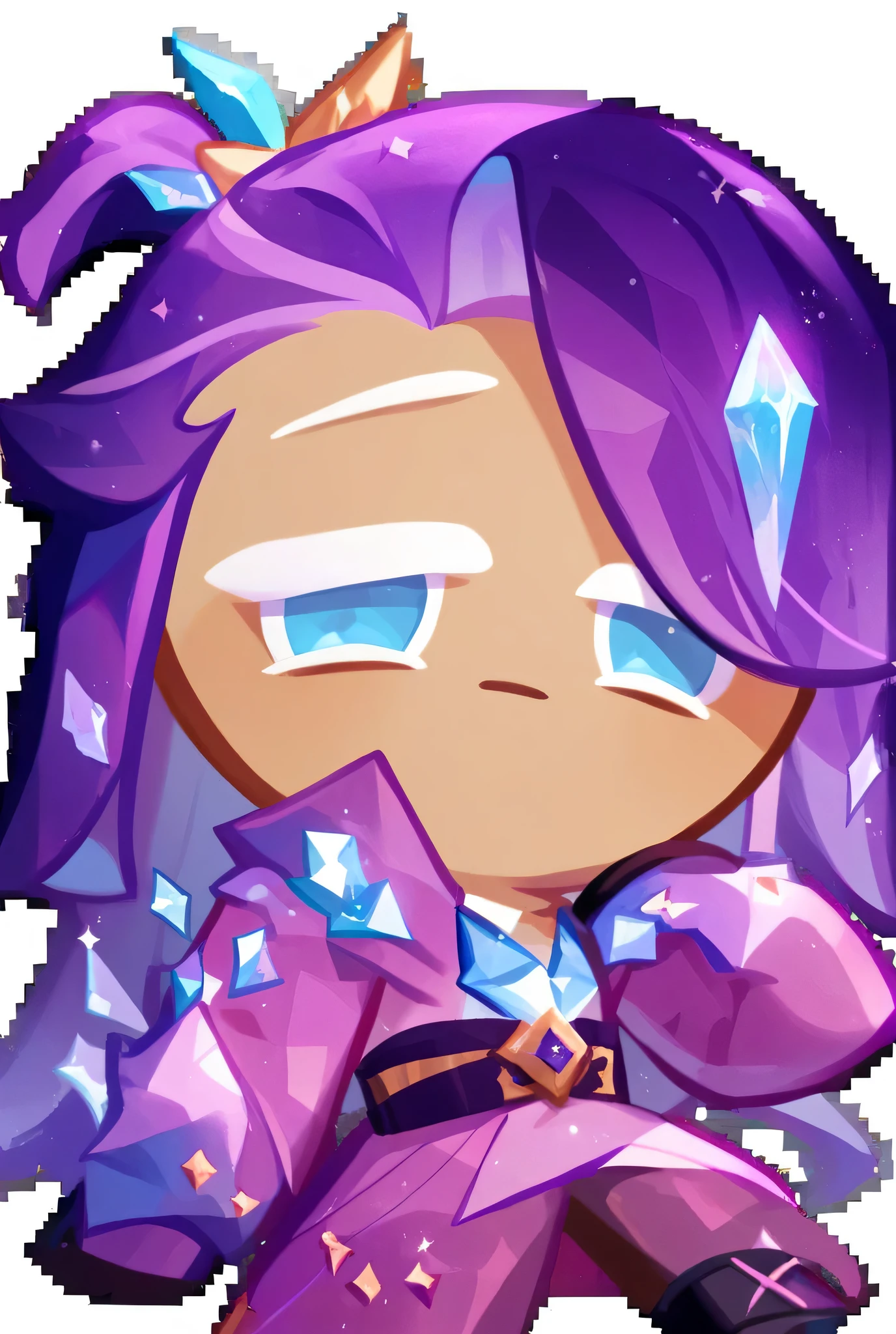 crk_style, gingerbread, chibi,Solo, male,Hair One Side Up, Crystal Hair, Hair Strand, Purple Hair, Blue eyes, Sleepy, purple and pink clothes