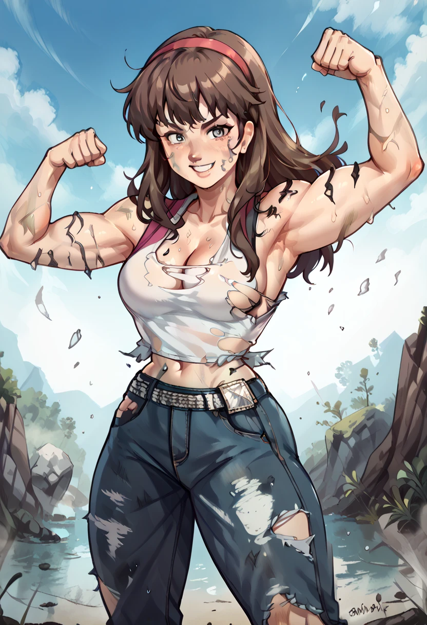 beautiful athletic 20 year old woman with pale skin and pretty face and ((long dark brown hair)) and medium round breasts and slender body,  wearing a tight white sleeveless crop top with pink trim and blue jeans and a pink hair band, standing outdoors, her arms and fists are raised in a fighting stance,  her crop top is ripped, ((cleavage)) is showing, she is smiling at the viewer, clothes are torn, fists raised, flexing both arms, her tanktop is ripped open, (((ripped tanktop))), (((torn clothes))), dirty, sweaty, topless