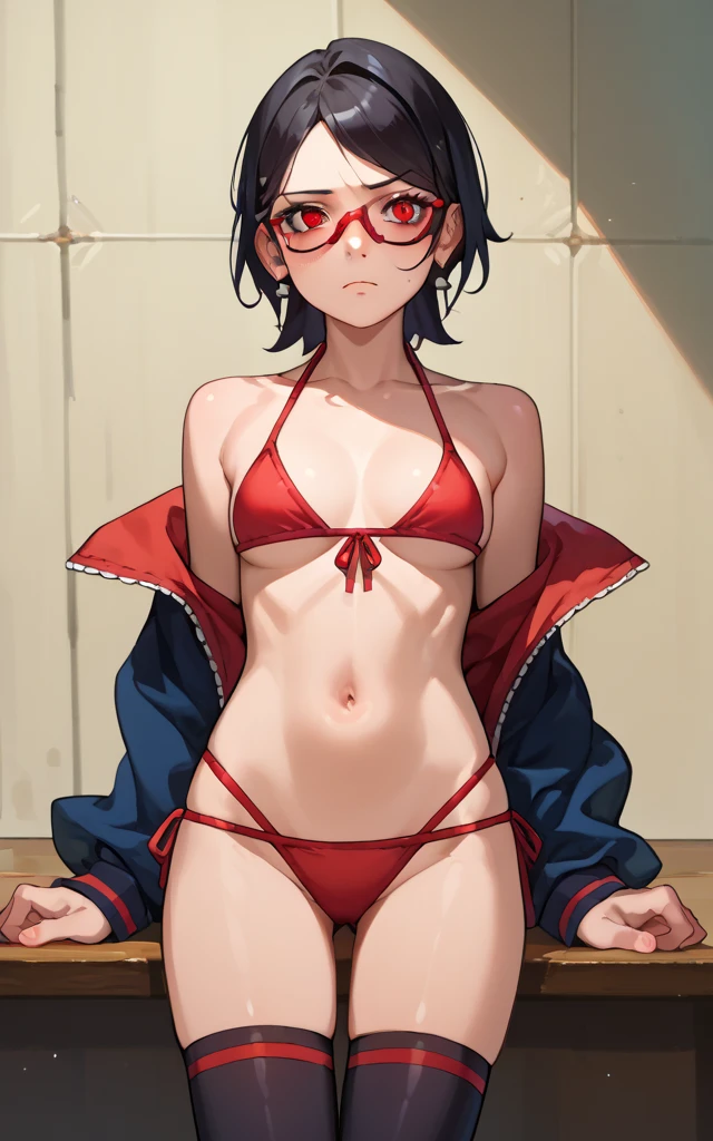 score_9,score_8_up,score_7_up,source_cartoon BREAK saradaSDXL,1girl,black hair,thighhighs,red eyes,sharingan,red-framed eyewear, bikini 