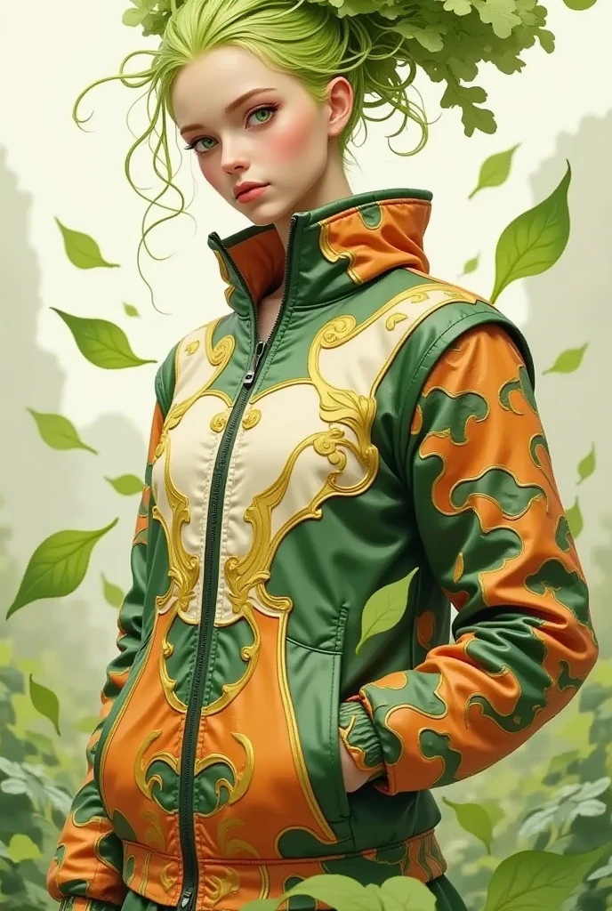 Create an image of a stadium jacket printed a daikon lady