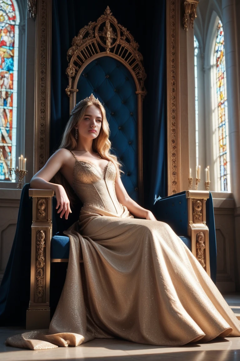 a beautiful woman with golden hair sitting on her throne, detailed face and eyes, elegant dress, intricate throne, grand cathedral interior, dramatic lighting, photorealistic, highly detailed, 8k, masterpiece