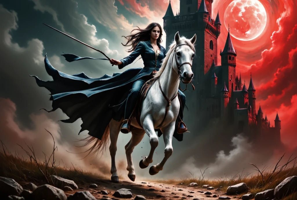 masterpiece, anatomically correct,style,only use two-color abstract painting in ( dark black) and ( dark red ),The tower watches over the princess , the princess breaking out of the creepy castle,1 Female,( impatient expression,The , forward slack , Victorian luxury dress ),I'm riding a white horse , horse holding the reins powerfully is running in the direction of the camera,The princess ,Impressive figure ,from below,Shadowy tower on the background:0.5,