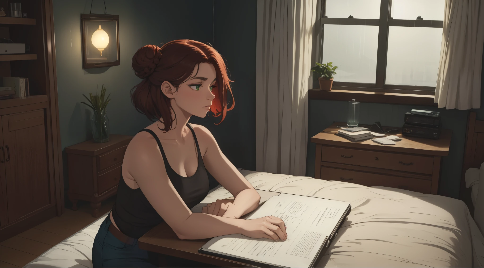 "A cozy and cinematic bedroom with a dark, rainy atmosphere featuring A woman big bobs with short wavy auburn hair tied in a loose bun, wearing a lush red tank top and fit jeans, The woman is focused on typing on a laptop placed on the desk. The room is illuminated by moody neon lights in shades of deep purple and soft green, casting a mysterious and calming glow on the walls. A vintage classic TV is playing static or an old movie, adding a nostalgic touch. Through the large glass window, heavy rain is visible, with water droplets streaming down the glass, creating a serene ambiance. The room features minimalistic furniture, with a comfortable bed and a small nightstand. The scene is rich with detail, evoking a sense of solitude and introspection."
