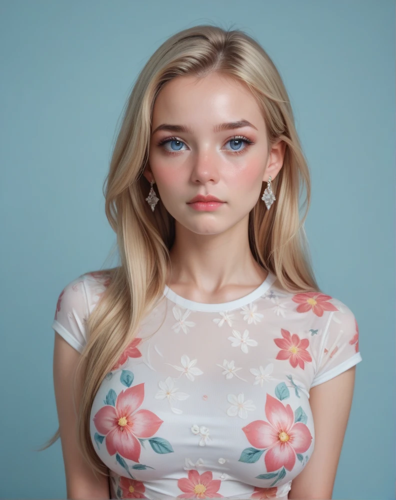 Shiny pointy nose, skinny, pretty, Long Hair, Blue eyes, Closed Mouth, Nose Blush,Breasts, Large breasts, Earrings, Makeup, Shy, Simple background, High Resolution, HD, Realism, tight floral shirt , beautiful, long sharp nose, blonde, teen