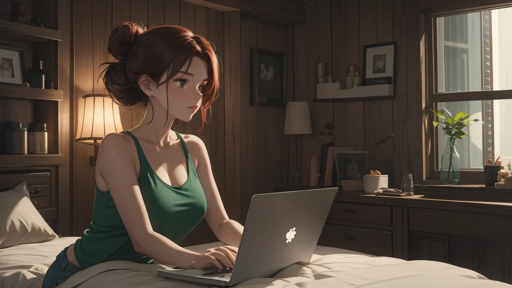 "A cozy and cinematic bedroom with a dark, rainy atmosphere featuring A woman big bobs with short wavy auburn hair tied in a loose bun, wearing a lush red tank top and fit jeans, The woman is focused on typing on a laptop placed on the desk. The room is illuminated by moody neon lights in shades of deep purple and soft green, casting a mysterious and calming glow on the walls. A vintage classic TV is playing static or an old movie, adding a nostalgic touch. Through the large glass window, heavy rain is visible, with water droplets streaming down the glass, creating a serene ambiance. The room features minimalistic furniture, with a comfortable bed and a small nightstand. The scene is rich with detail, evoking a sense of solitude and introspection."
