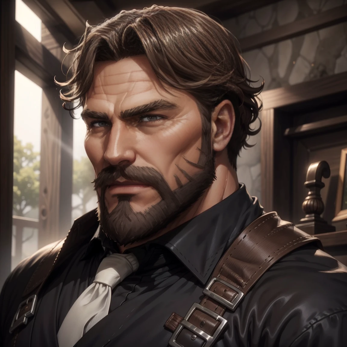 a muscular man,  curly hairstyle ,  brown hair, brown mustache , brown beard , ojos azules, Beautiful face,  detailed eyes , Nose and lips, 8K,  HIGH QUALITY, photorealistic ,  dramatic lighting ,