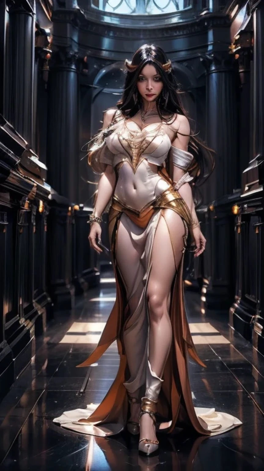 A (super realistic) beautiful sexy woman(albedo _overlord) with perfect eyes(orange eyes, finnest detailing possibleand both eyes in same direction) and white attire(detailed) with gold jewellery on breast, beautiful slim body, black long beautiful hair, glossy red sexy lips, hyper detailed black wings (every thing with best detailing), making a perfect sexy eyes contact.A model walking slow spet by step straight a head to show the outfit ,The runway fashion show is illuminated with vibrant colors, and the audience on both sides watches intently, creating an atmosphere of excitement and glamour. slow spet by step,