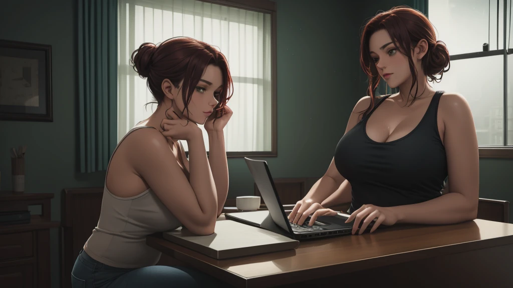 "A cozy and cinematic bedroom with a dark, rainy atmosphere featuring A woman big bobs with short wavy auburn hair tied in a loose bun, wearing a lush red tank top and fit jeans, The woman is focused on typing on a laptop placed on the desk. The room is illuminated by moody neon lights in shades of deep purple and soft green, casting a mysterious and calming glow on the walls. A vintage classic TV is playing static or an old movie, adding a nostalgic touch. Through the large glass window, heavy rain is visible, with water droplets streaming down the glass, creating a serene ambiance. The room features minimalistic furniture, with a comfortable bed and a small nightstand. The scene is rich with detail, evoking a sense of solitude and introspection."
