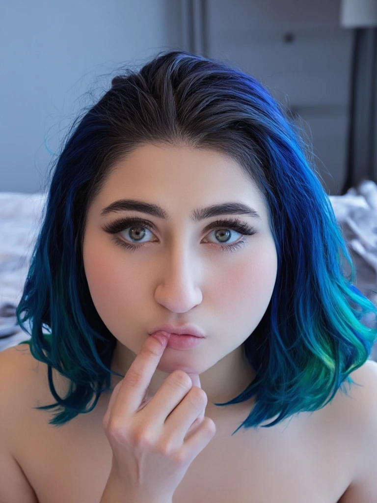 a young woman is holding her finger to her Lips, 1 girl,  looking at the spectator, Blue eyes,  black hair, only focus, [blurred, Lips,  tabs , [blurred background, limelight,  realistic 
