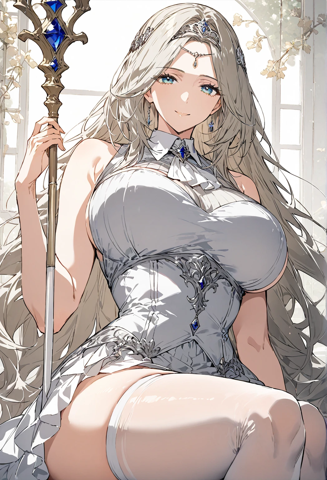 Tatiana Cartien, A busty mature woman a calm expression, and elegant beauty. Looking at the viewer. She has long, layered hair in silver color, slightly reflective, with delicate strands. Her eyes are gray.
She wears a high-collared sleeveless white bodice. Solid color white thigh highs. 
A crescent-shaped diadem on her head. ((Half body shot, thigh is focus)), She is sitting on her staff. The scene is a beautiful dreamy forest. A never-ending landscape. (thick thighs, big chest, curvy hip, curvy body, busty figure), (close mouth with sweet warm smile),