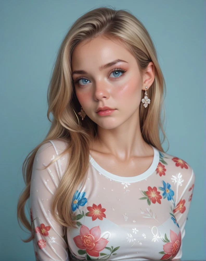 Shiny pointy nose, skinny, pretty, Long Hair, Blue eyes, Closed Mouth, Nose Blush,Breasts, Large breasts, Earrings, Makeup, Shy, Simple background, High Resolution, HD, Realism, tight floral shirt , beautiful, long sharp nose, blonde, teen, sharp features, stunning, tanned skin