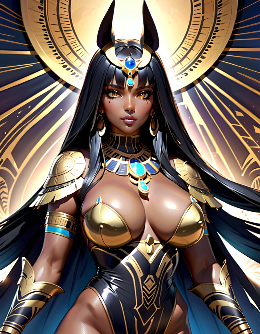(masterpiece:1.2, Highest quality,Highest quality,Super detailed:1.2),8k,Wallpaper Female Anubis God,(Detailed face:1.2,Beautiful Face,Beautiful Skin,Dark Skin,Beautiful Hair),(Functional),(Revealing outfits),(Shining Jewelry),(Shiny Costumes),(Detailed drawing of the costume:1.4)