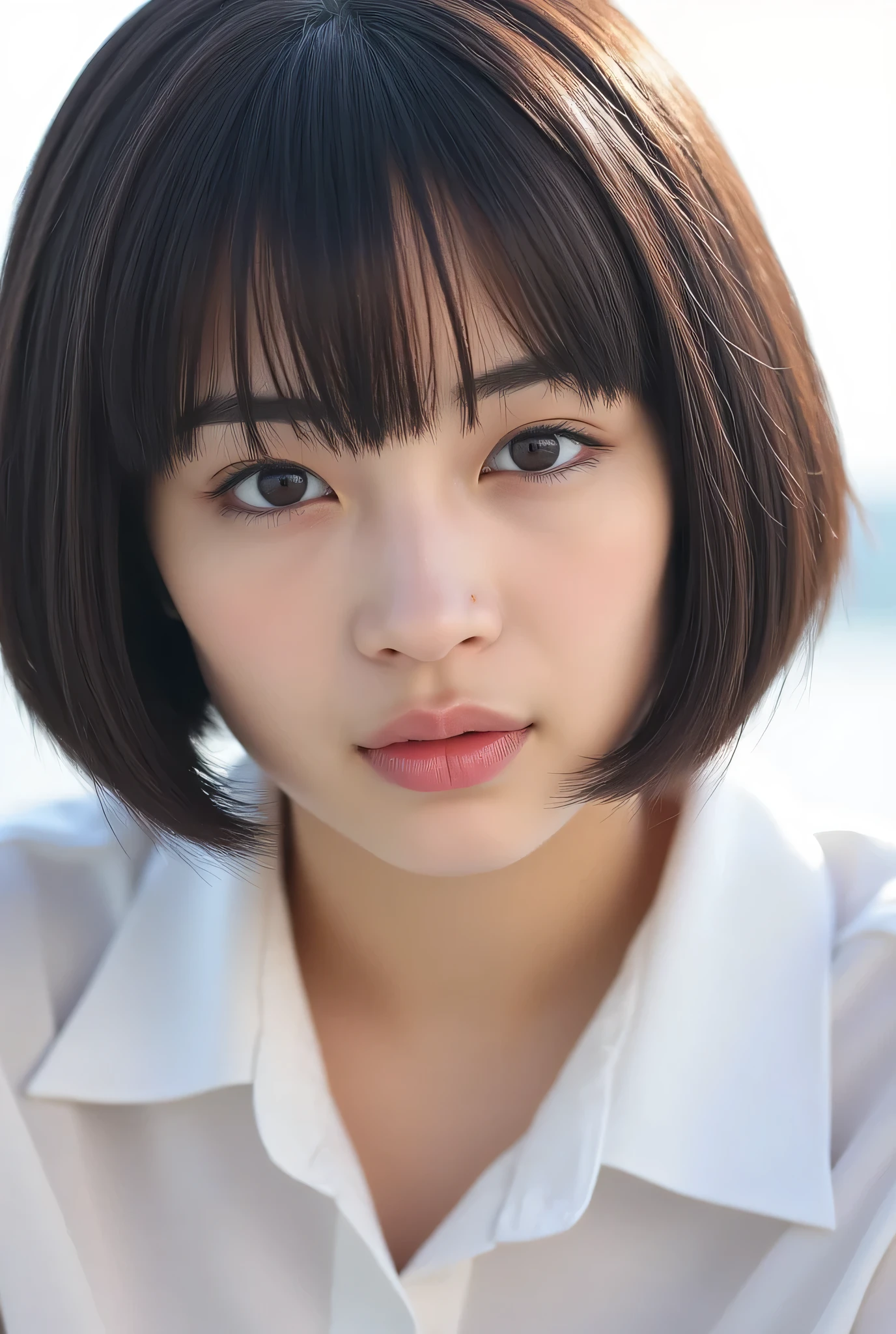 ( top quality, exquisite resolution, Super cute face, Cute pose details ,masterpiece), ( they love each other ),8K Yen,( detailed face ), Delicate and realistic skin texture, ( Dim on Good Side ), Brown Hair, blunt bangs, bob cut, Lightsmile
