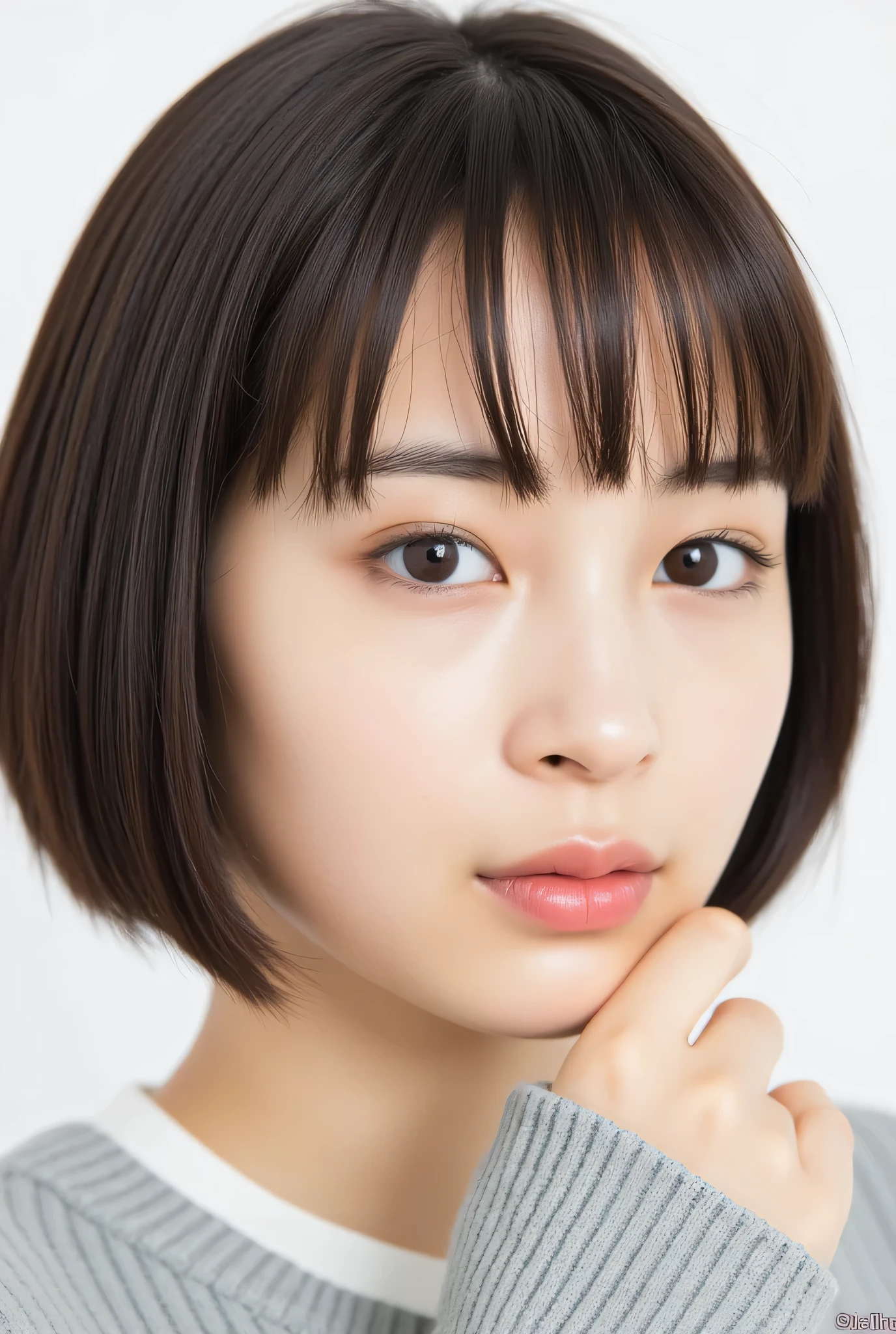( top quality, exquisite resolution, Super cute face, Cute pose details ,masterpiece), ( they love each other ),8K Yen,( detailed face ), Delicate and realistic skin texture, ( Dim on Good Side ), Brown Hair, blunt bangs, bob cut, Lightsmile