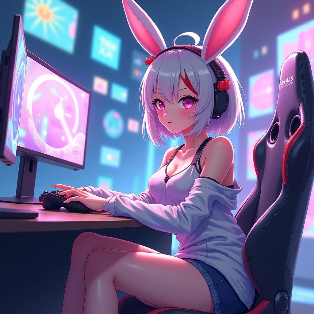 long side shot,Anime white hair girl with headphones, wearing rabbit ears,cyberpunk outfit,Forests rich in nature, Beautiful night sky, ruins, Cute stuffed rabbit, Cute art style, Anime Style 4k, record player,vivid color