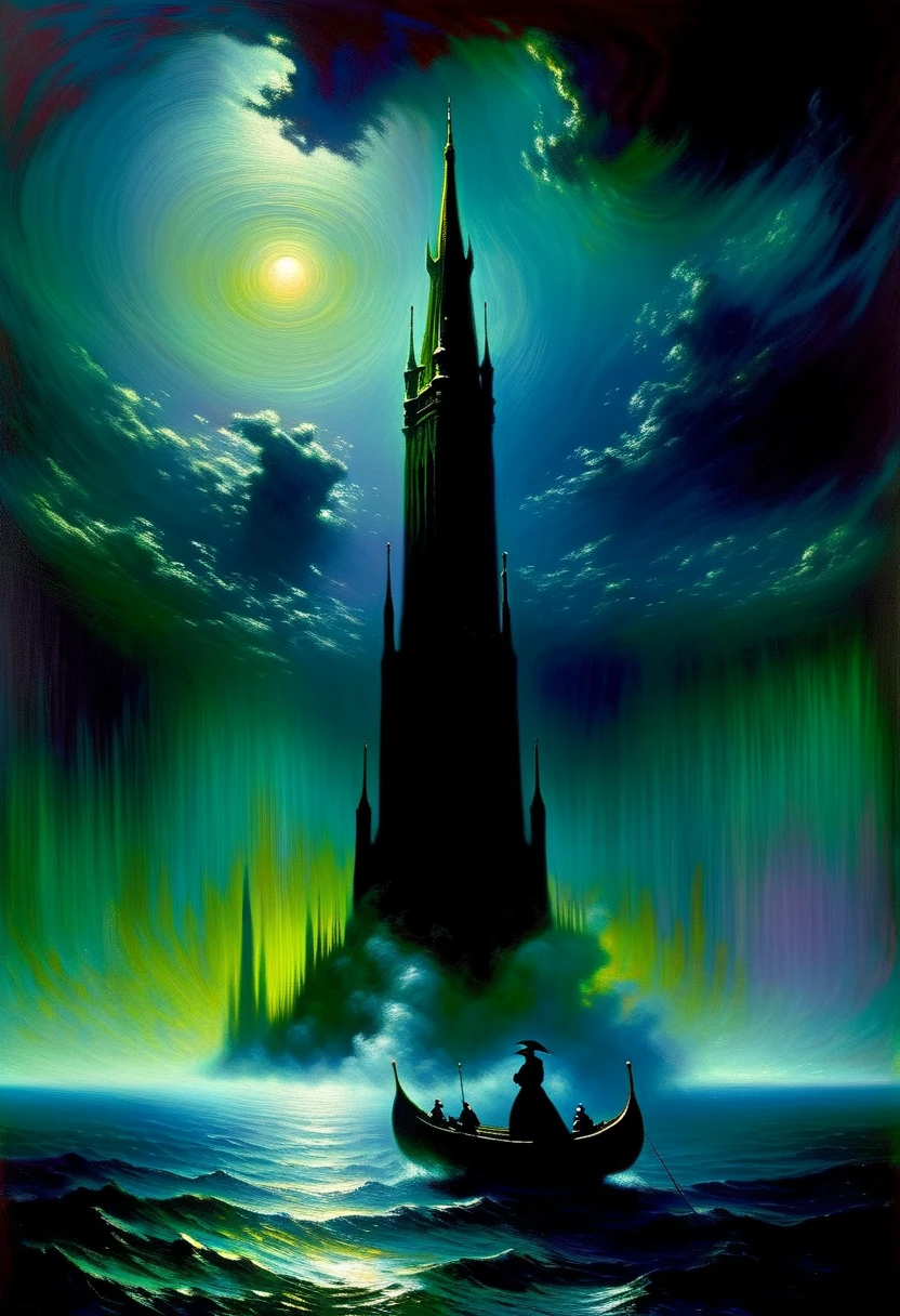 the mysterious utopian Dark Tower: the Victorian era: Stephen King's creative: dark noir foggy setting: horror: on the other shore: Claude Monet's painting technique in extreme detail: fine oil smear: extravagant: aesthetics: mysticism