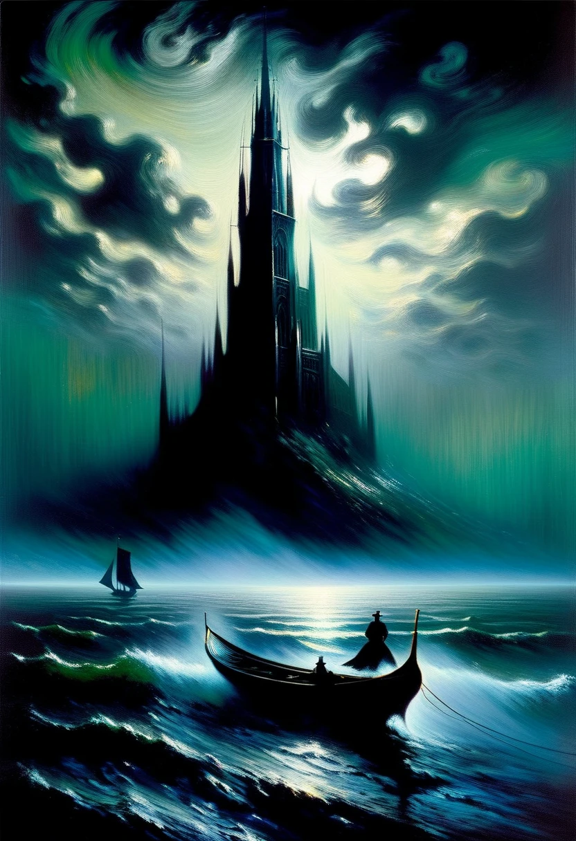 the mysterious utopian Dark Tower: the Victorian era: Stephen King's creative: dark noir foggy setting: horror: on the other shore: Claude Monet's painting technique in extreme detail: fine oil smear: extravagant: aesthetics: mysticism