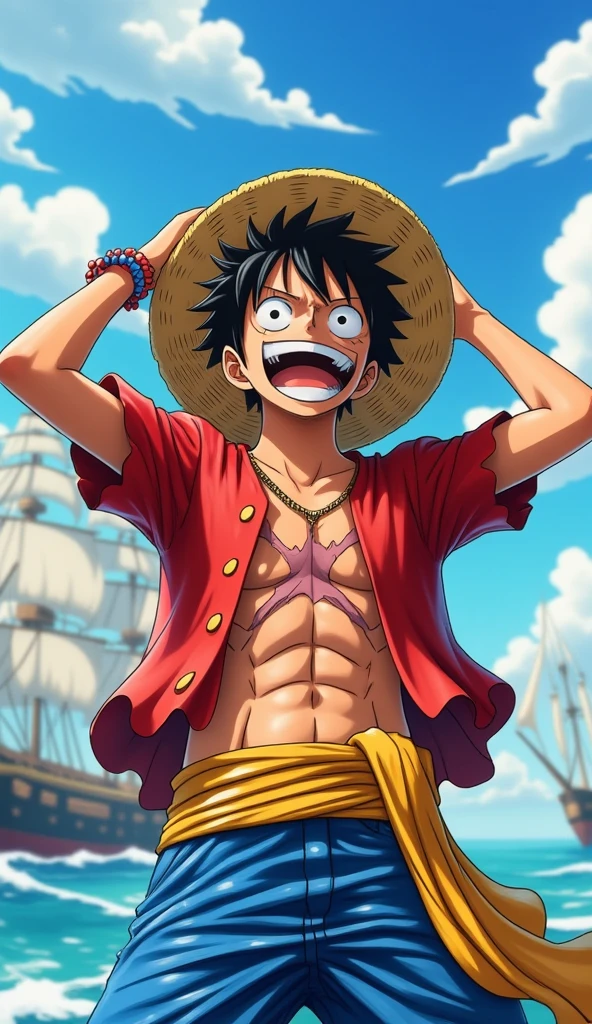  confident man
black hair 、 casual hairstyle
straw hat
red shirt 、 blue shorts
big smile 、A powerful expression
Figure shouting with both hands raised　Gear４
The background is blue sky、sea、vessels
bright sunshine 、 vibrant atmosphere
wide shot
The pose is energetic and full of adventure, and Luffy is very confident、Moments that show strong will are natural ！