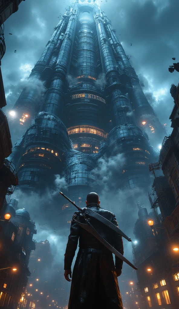 3D render of a man with a huge thick sword on his back, looking up at a tall black building at night. The man is very close to the camera. The building is emitting ominous spotlight from below, with huge pipes and structures letting out steam. The structure of the build is so massive that the ground structure of massive pipes extends to the area where the man is standing. The night sky is bright but full of clouds. The color is bright and sharp, with ample light to show the details of the man's sword and the building's facade.