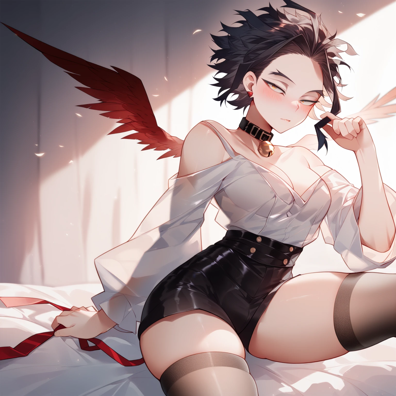 Only One,    , dark black hair styled backwards with two front locks,  Light brown eyes , long black framed eyelashes, fine and delicate ranges, Curves thighs,  small waist, Clothes:  black collar on his neck with a small bell ,  long sleeve transparent shirt , dark shorts ,  dark thigh-length stockings , sitting on a bed, blushing, Hawks, ♂️,  Boku no Hero Academia, man 