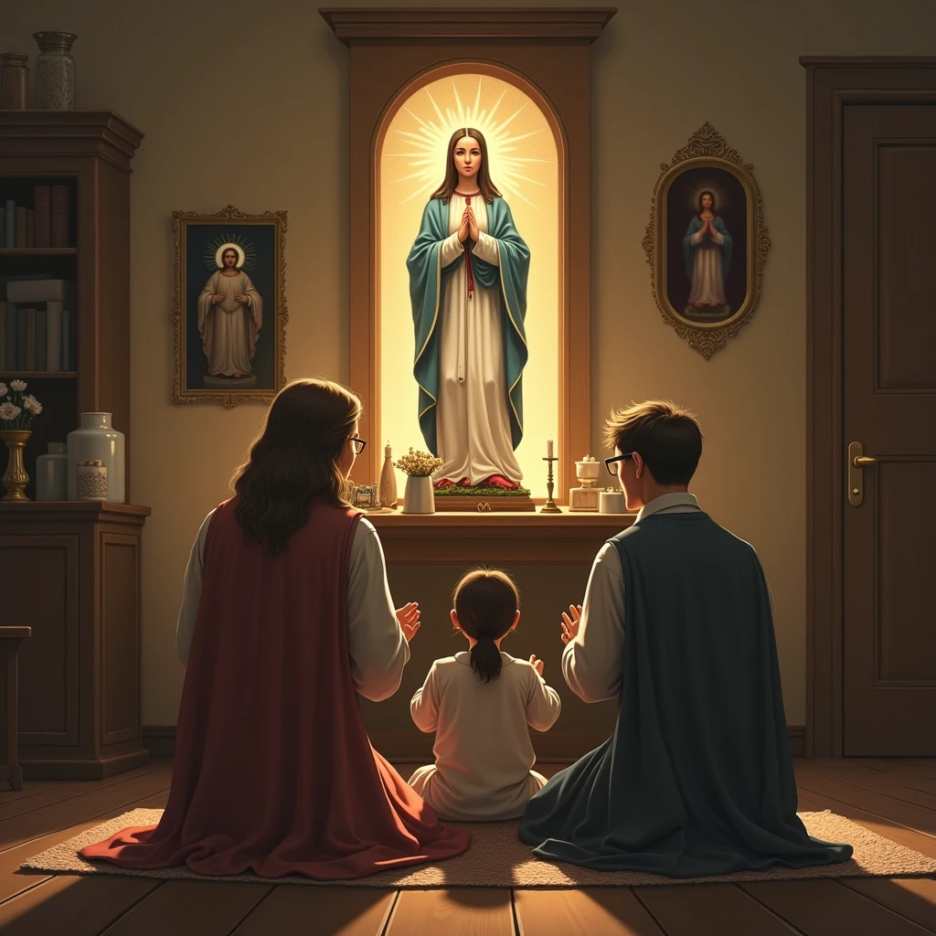 image of a reunited family praying at home for Our Lady of the Conception.
