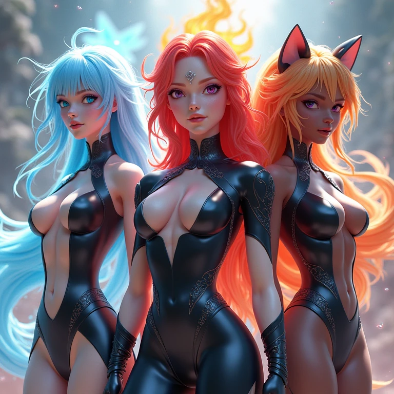 realistic powerpuff girls, 3 adult women, catgirl costumes, cat ears, cat tails, cat hair braids, nude bodies, orgy scene, inside a volcano, crazy monkey, anal sex, hyper detailed, 8k, photorealistic, masterpiece, vibrant colors, dramatic lighting, cinematic composition