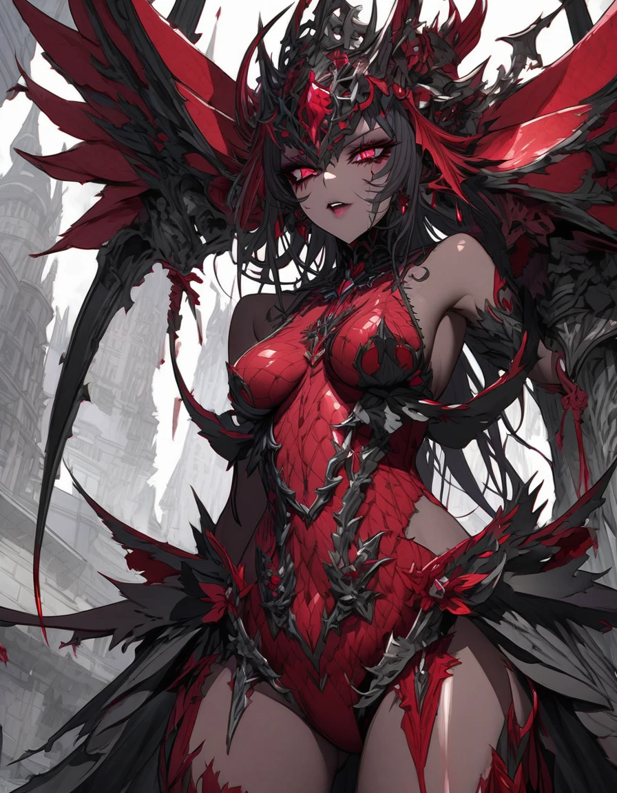 close up, The world of dreams, The demons骑士, cabelos preto e longos,half face armor, Redlip, leather clothes, The demons, humanoid creature, ram's horn, Her skin is very white, White complexion, Brown eyes, dark messy black hair, obi strip, Red and black armor, red tattoo,