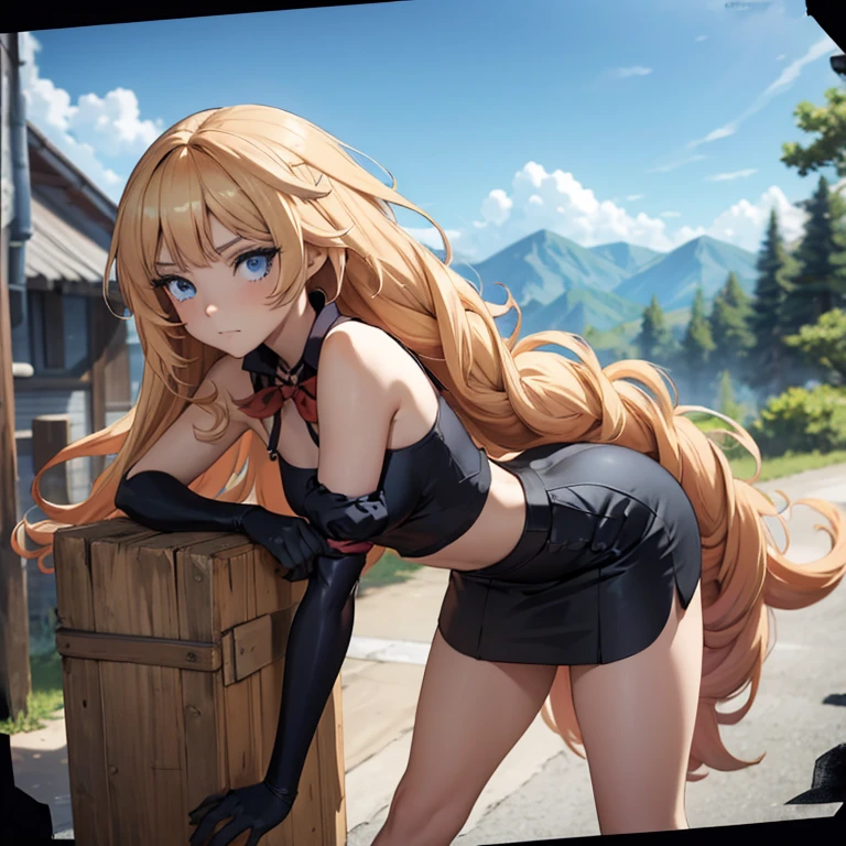 anime girl, blond long hair, masterpiece, highres, super detail, anatomically correct, high details, (solo), spaghetti strap top, black pencil skirt, tight, over the knee skirt,, big ass, bending over