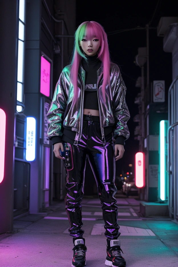 A stylish Japanese girl, half-human, half-machine, embodying a futuristic cyberpunk vibe. Her robotic features blend seamlessly with her human appearance—metallic arms with glowing neon accents, and a sleek, high-tech eye implant on one side of her face. She’s dressed in edgy streetwear: an oversized bomber jacket with holographic patterns, cropped techwear pants, and chunky sneakers with LED lights. Her hair is dyed in vibrant, gradient colors, styled with sharp precision, and she carries a metallic sling bag with cybernetic details. The setting is a neon-lit urban street at night, emphasizing her fusion of human warmth and robotic precisio