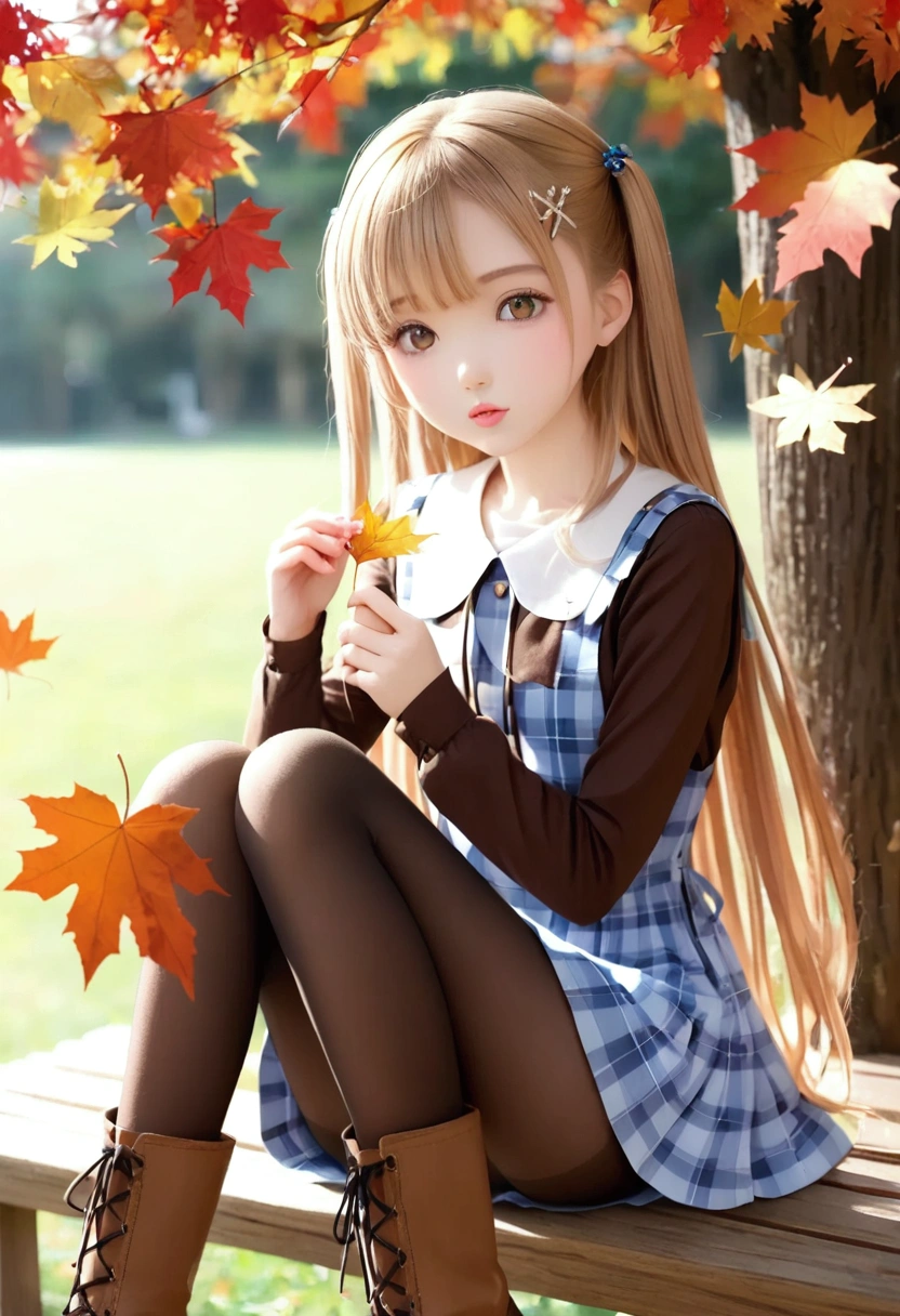 masterpiece,best quality,high quality,(colorful),[Artist miwano rag],[Artist toosaka asagi],[Artist wlop],[Artist chen bin],loli,1girl, solo, autumn leaves, long hair, outdoors, leaf, autumn, blonde hair, sitting, holding leaf, holding, looking at viewer, hair ornament, tree, long sleeves, bangs, x hair ornament, dress, pantyhose, day, plaid, shirt, parted lips, ginkgo leaf, blush, brown eyes, boots, very long hair, falling leaves, maple leaf, blue dress, between legs, brown pantyhose, hairclip, pinafore dress, brown shirt, hand between legs, sky, feet out of frame, brown footwear, floating hair, Magazine cover