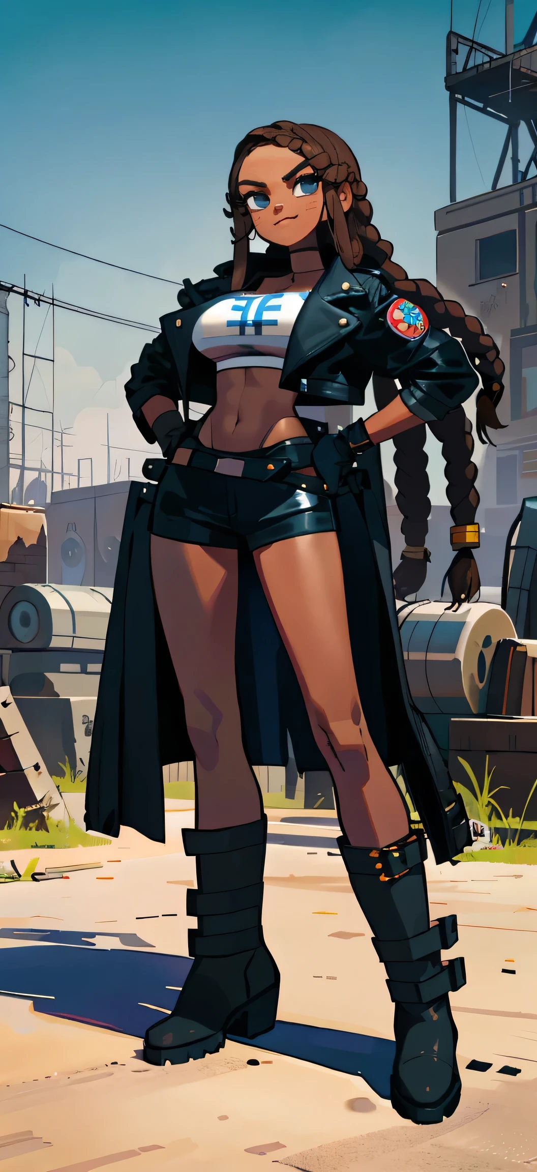  1 woman , brown skin , blue eyes , dreadlock , long hair , black leather jacket , sly face , smile , bikini , abdomen, big breasts , Long legs , gloves , boots , hands on hips , abandoned factory
