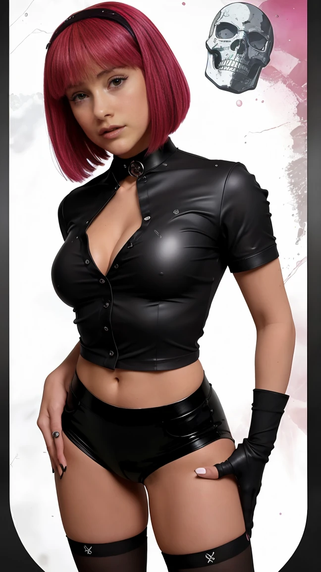 25 year old woman with short undercut strawberryblonde hair dressed in a skimpy sleeveless black police officer cropped blouse with leather miniskirt, cleavage, wearing a pistol on her belt. Blue eyes with eye liner. Neutral background