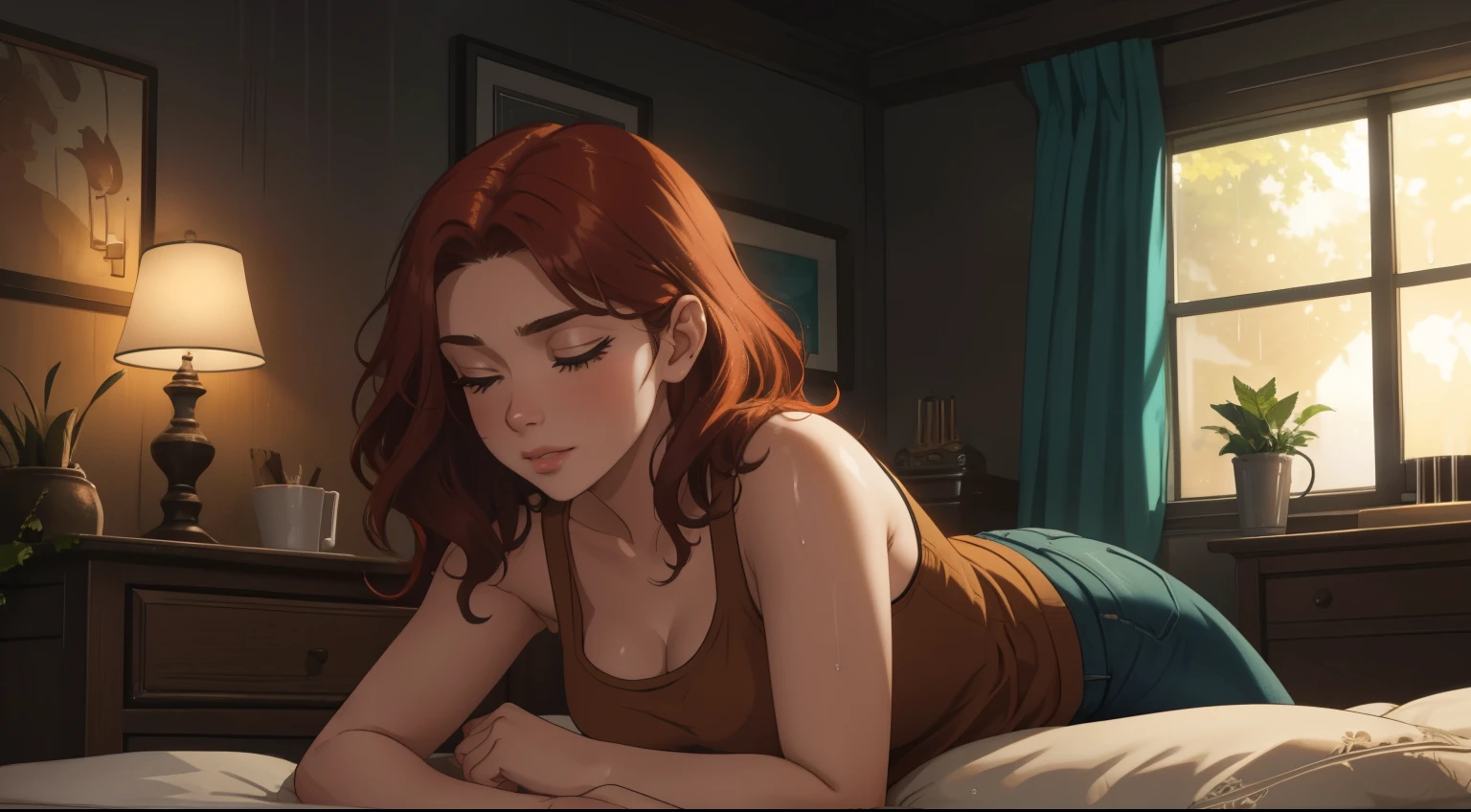 "A woman big bobs with short wavy auburn red hair, wearing a lush brown tank top and fit jeans, lying face down on a cozy bed in a cinematic bedroom with a dark, rainy atmosphere. She is holding and looking at a smartphone, surrounded by warm yellow fairy lights and lush green leaves. The room is illuminated by moody neon lights in shades of warm orange and teal, casting a soft glow on the walls and enhancing the serene ambiance. A vintage classic TV in the corner plays static or an old movie, adding a nostalgic touch. Through the large glass window, heavy rain is visible, with water droplets streaming down, creating a calming and peaceful atmosphere. The room features minimalistic furniture, including a comfortable bed and a small nightstand. The scene is highly detailed, blending a sense of solitude, warmth, and cinematic beauty."