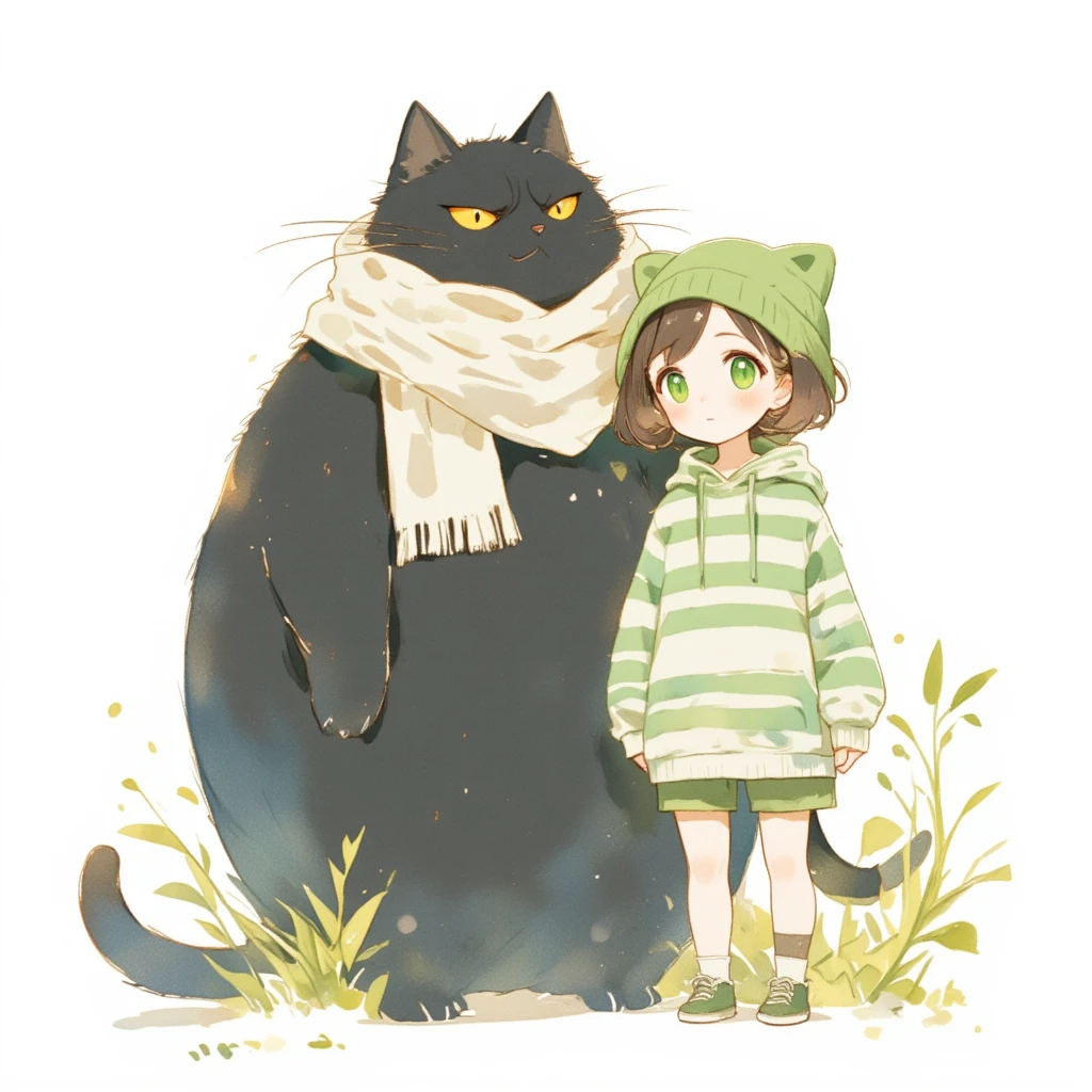 Watercolor painting illustration, upper body, A big-black-cat and A cute-young-girl are standing, A big-black-cat is 1cat\(A fat furry male black cat, wearing a white woolen scarf, His Ears tilted back and spread out to the sides, drooping ears, Slit yellow eyes, slit eyes, slit yellow eyes\), A cute-young-girl is 1girl\(brown hair, asymmetrical hair, Lime Green eyes, Cat ear knit cap, A light green horizontal striped hoodie, Light green striped shorts\), simple white background