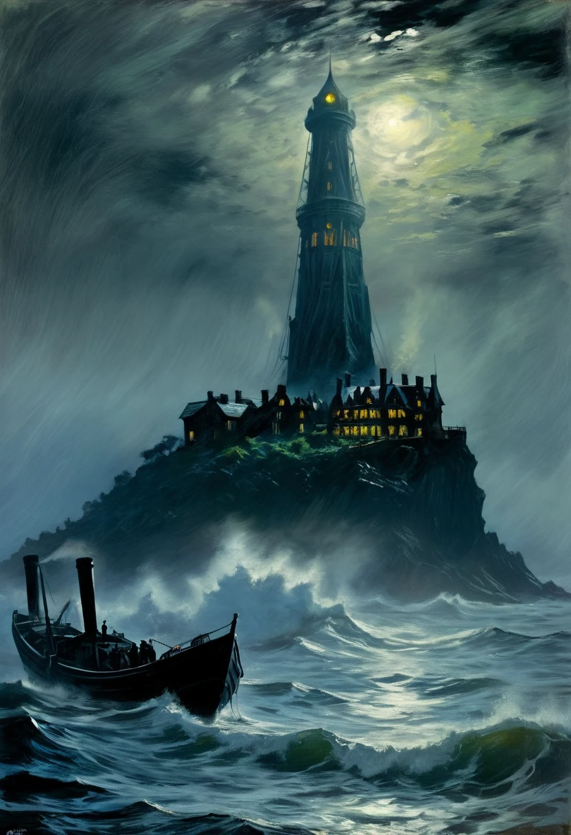 the mysterious utopian Dark Tower: the Victorian era: Stephen King's creative: dark noir foggy setting: horror: on the other shore: Claude Monet's painting technique in extreme detail: fine oil smear: extravagant: aesthetics: mysticism