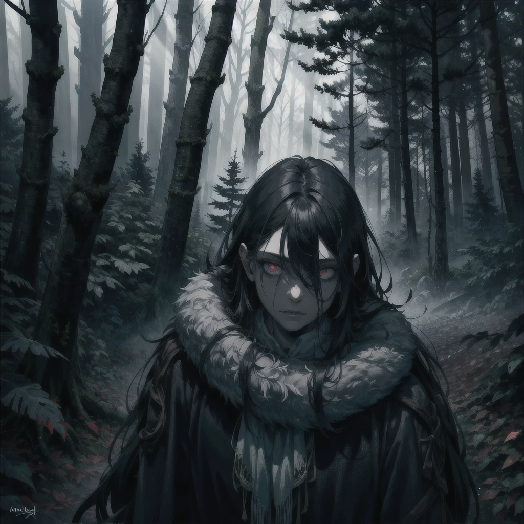 dark forest, night, eerie atmosphere, dense trees, fog, glowing eyes in the darkness, moonlight filtering through branches, overgrown roots, fallen leaves, shadows, mysterious aura, realistic style, high detail, photorealistic, dim lighting, ominous vibe, cold colors, haunted forest, creepy mood, silence, night sky, subtle movement