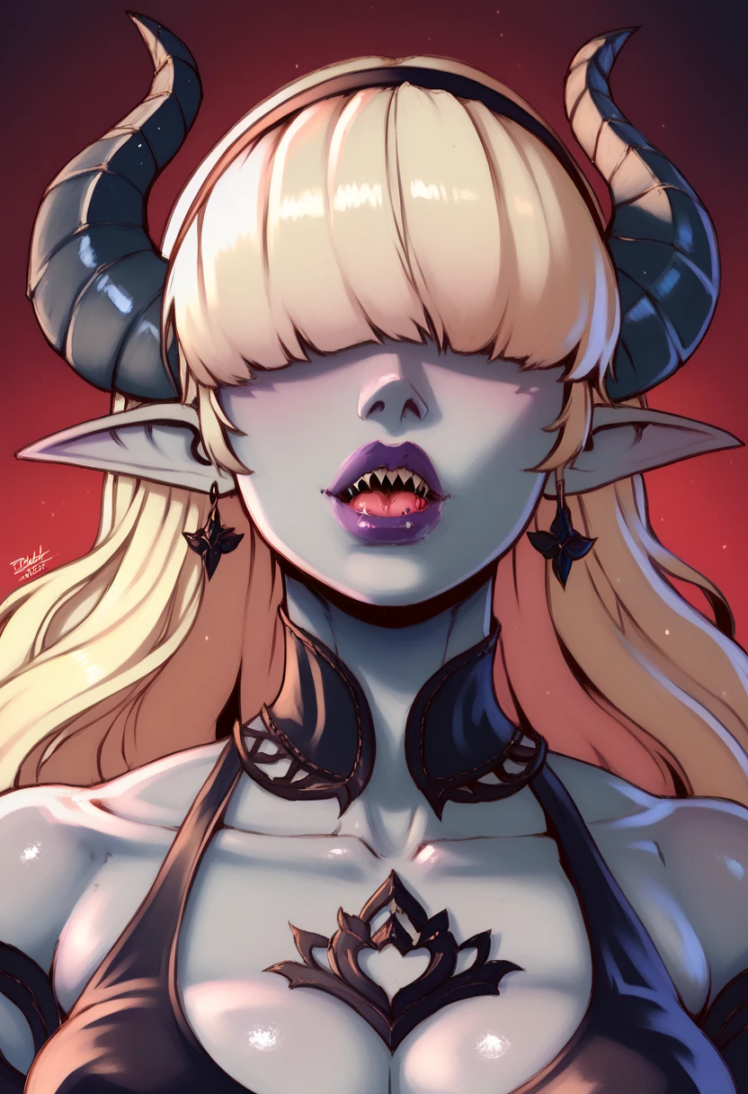 Rosto detalhado, grandes olhos, sharp teeth, hair over eyes, hairband, demon horns, demon wings, long hair, pointy ears, elf,  8k, hd, hdr, grey/gray skin, long blonde hair, demon horns, makeup