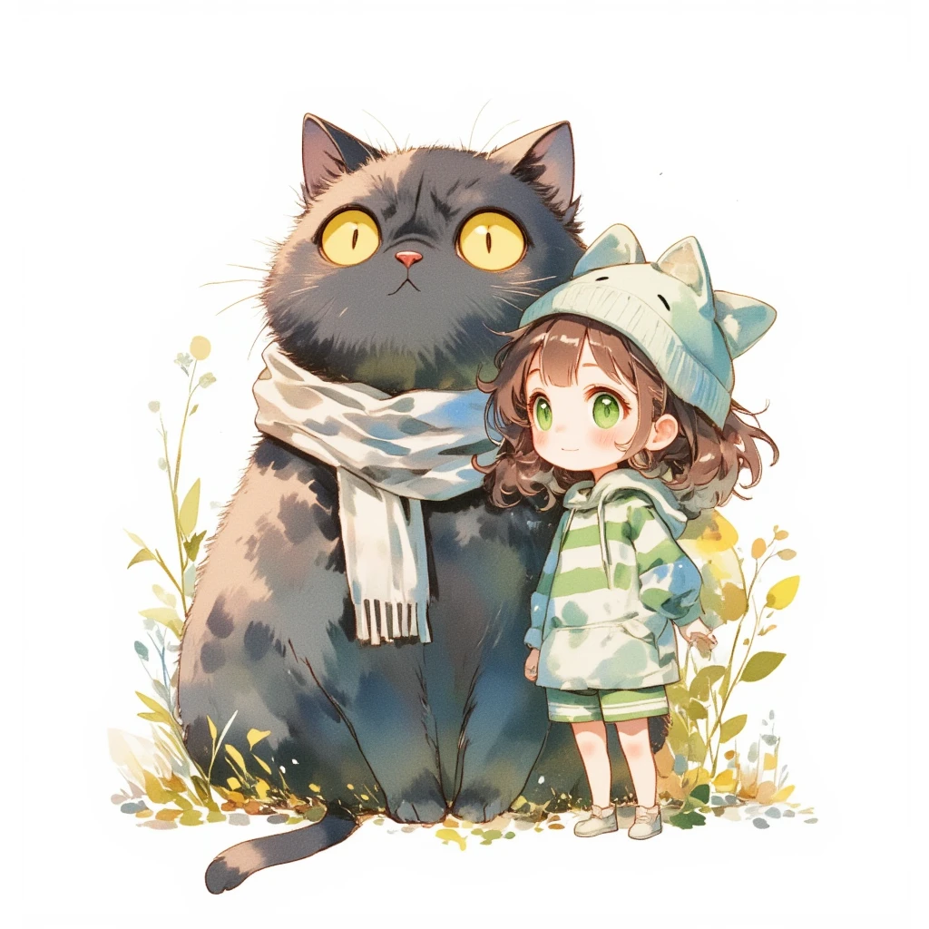 Watercolor painting illustration, upper body, A big-black-cat and A cute-young-girl are standing, A big-black-cat is 1cat\(A fat furry male black cat, wearing a white woolen scarf, His Ears tilted back and spread out to the sides, drooping ears, Slit yellow eyes, slit eyes, slit yellow eyes\), A cute-young-girl is 1girl\(brown hair, asymmetrical hair, Lime Green eyes, smile, Cat ear knit cap, A light green horizontal striped hoodie, Light green striped shorts\), simple white background