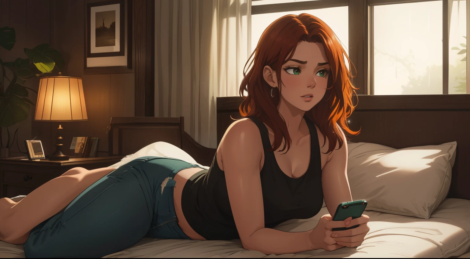 "A woman big bobs with short wavy auburn red hair, wearing a lush brown tank top and fit jeans, lying face down on a cozy bed in a cinematic bedroom with a dark, rainy atmosphere. She is holding and looking at a smartphone, surrounded by warm yellow fairy lights and lush green leaves. The room is illuminated by moody neon lights in shades of warm orange and teal, casting a soft glow on the walls and enhancing the serene ambiance. A vintage classic TV in the corner plays static or an old movie, adding a nostalgic touch. Through the large glass window, heavy rain is visible, with water droplets streaming down, creating a calming and peaceful atmosphere. The room features minimalistic furniture, including a comfortable bed and a small nightstand. The scene is highly detailed, blending a sense of solitude, warmth, and cinematic beauty."
