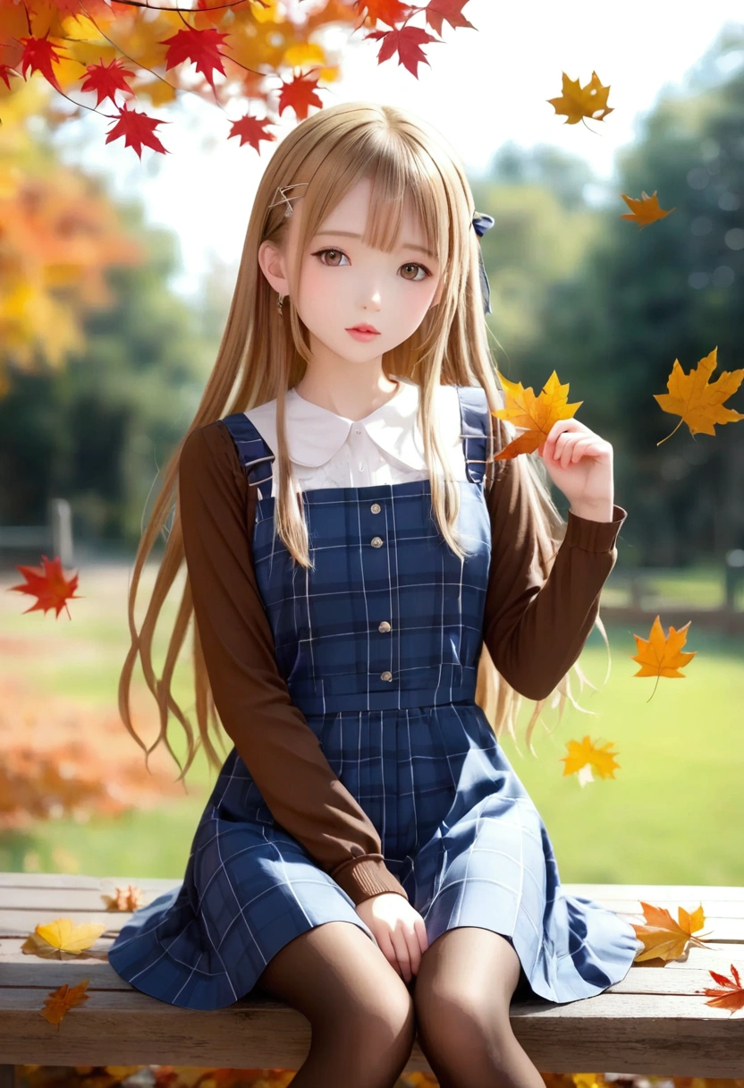 masterpiece,best quality,high quality,(colorful),[Artist miwano rag],[Artist toosaka asagi],[Artist wlop],[Artist chen bin],loli,1girl, solo, autumn leaves, long hair, outdoors, leaf, autumn, blonde hair, sitting, holding leaf, holding, looking at viewer, hair ornament, tree, long sleeves, bangs, x hair ornament, dress, pantyhose, day, plaid, shirt, parted lips, ginkgo leaf, blush, brown eyes, boots, very long hair, falling leaves, maple leaf, blue dress, between legs, brown pantyhose, hairclip, pinafore dress, brown shirt, hand between legs, sky, feet out of frame, brown footwear, floating hair, Magazine cover