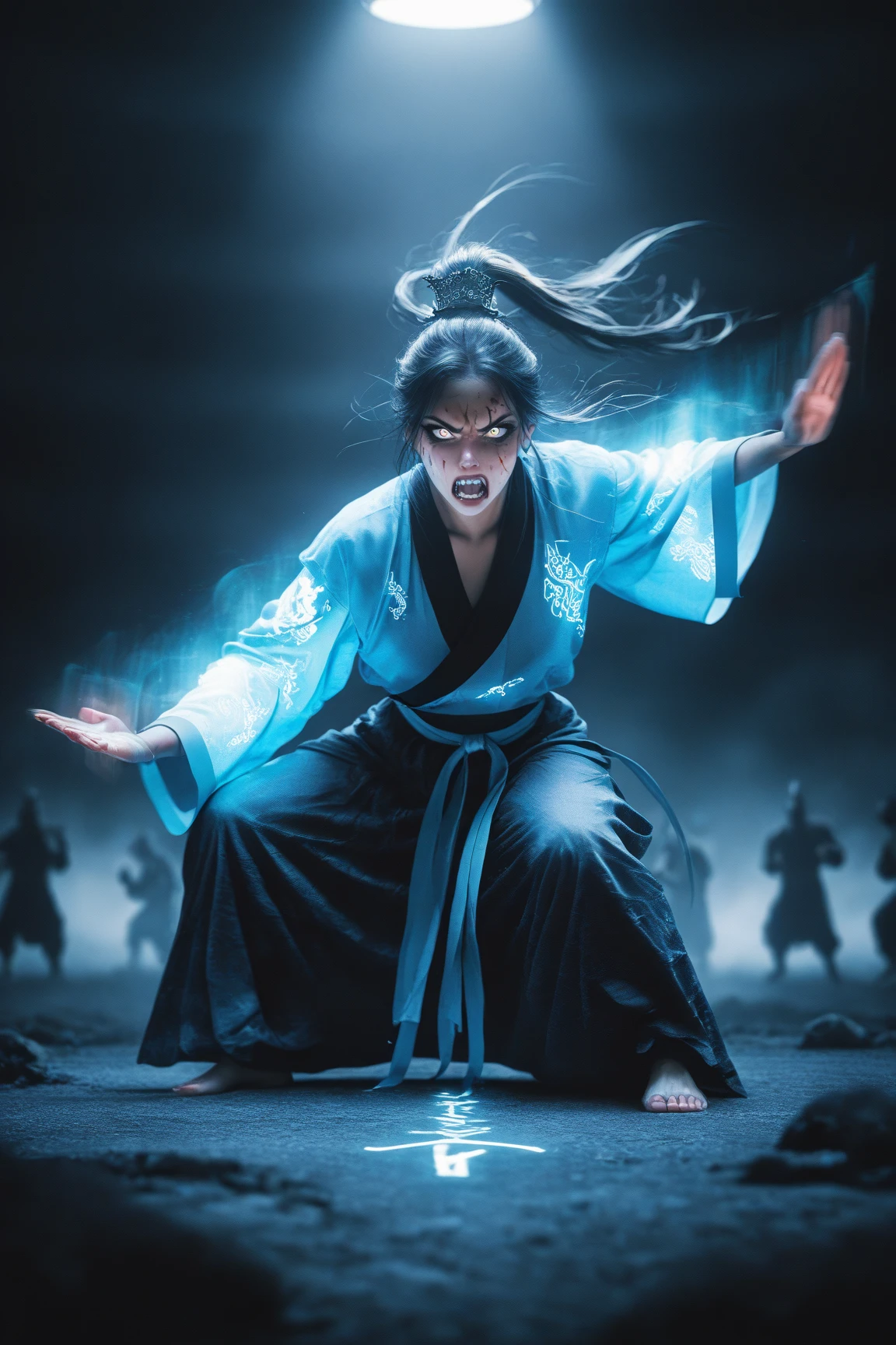  Beautiful Chinese woman ., sharp eyes,  sharp facial features , wearing hanfu , fighting stance,  martial arts movement ,  The body is surrounded by purple fog, runes around ,  holographic reality ,  holographic glow ,  motion blur ,  game lighting effects , edge light, Soft light, movie edge light, Soft light,  masterpiece fails, Super detailed,  epic composition , Super HD,  high quality,  highest quality , 32K