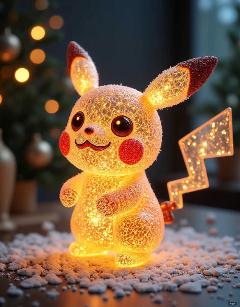 A highly detailed and realistic 3D wire art sculpture of Pikachu, the iconic Pokémon character, with intricate wire frame construction, glowing yellow fur, expressive face with large eyes, flushed face, and lightning-shaped tail , dynamic poses, ambient lighting, photo-real, (best quality, 4K, 8K, high-res, masterpiece: 1.2), extremely detailed, (real, photo-real, photo-real: 1.37), 3d wire art, hyper realistic, pokemon, cute, adorable