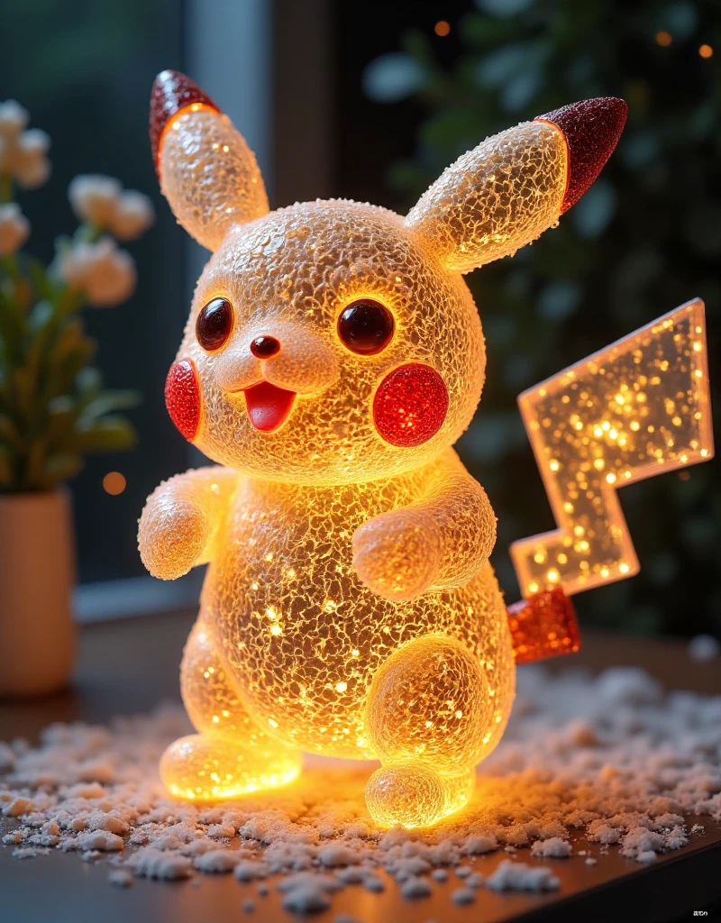 A highly detailed and realistic 3D wire art sculpture of Pikachu, the iconic Pokémon character, with intricate wire frame construction, glowing yellow fur, expressive face with large eyes, flushed face, and lightning-shaped tail , dynamic poses, ambient lighting, photo-real, (best quality, 4K, 8K, high-res, masterpiece: 1.2), extremely detailed, (real, photo-real, photo-real: 1.37), 3d wire art, hyper realistic, pokemon, cute, adorable